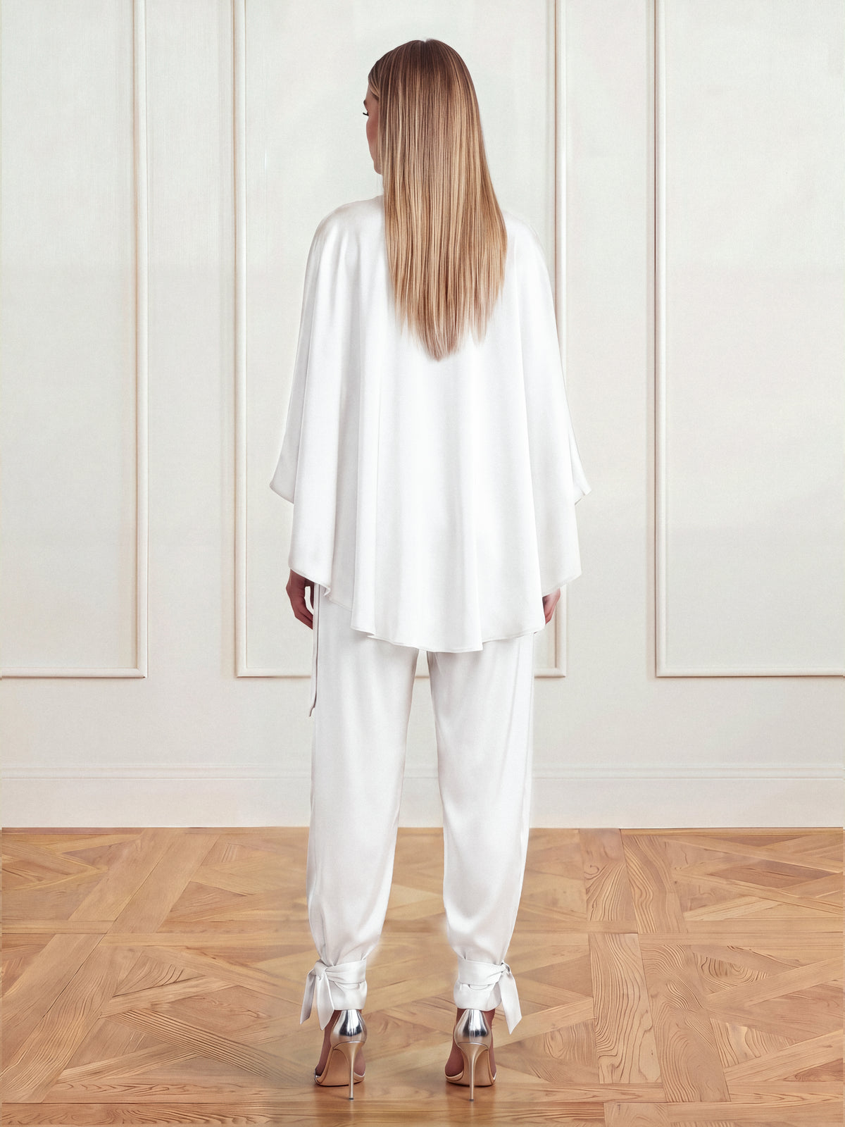 Satin Two-Piece Set with Draped Cape Top and Tie-Ankle Trousers, Optic White 3