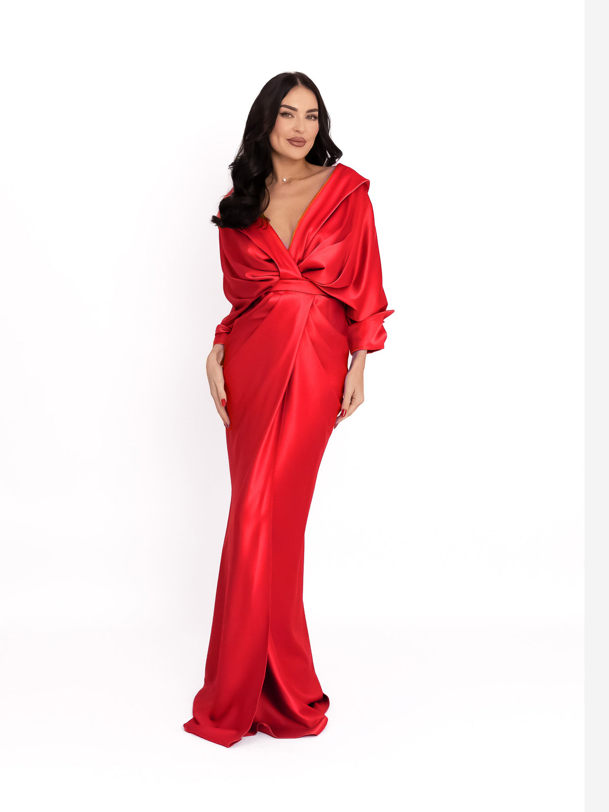 Draped Dress with Front Slit, Red 2