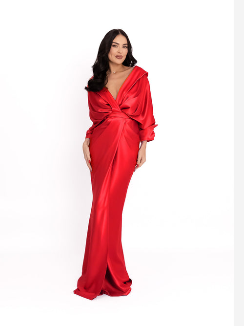 Draped Dress with Front Slit, Red 2