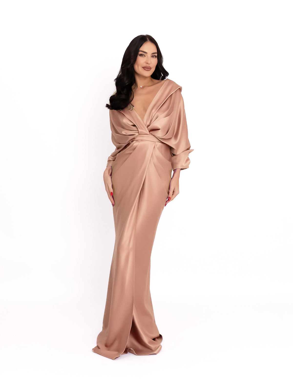 Draped Long Dress with V-Neckline, Dusty Pink