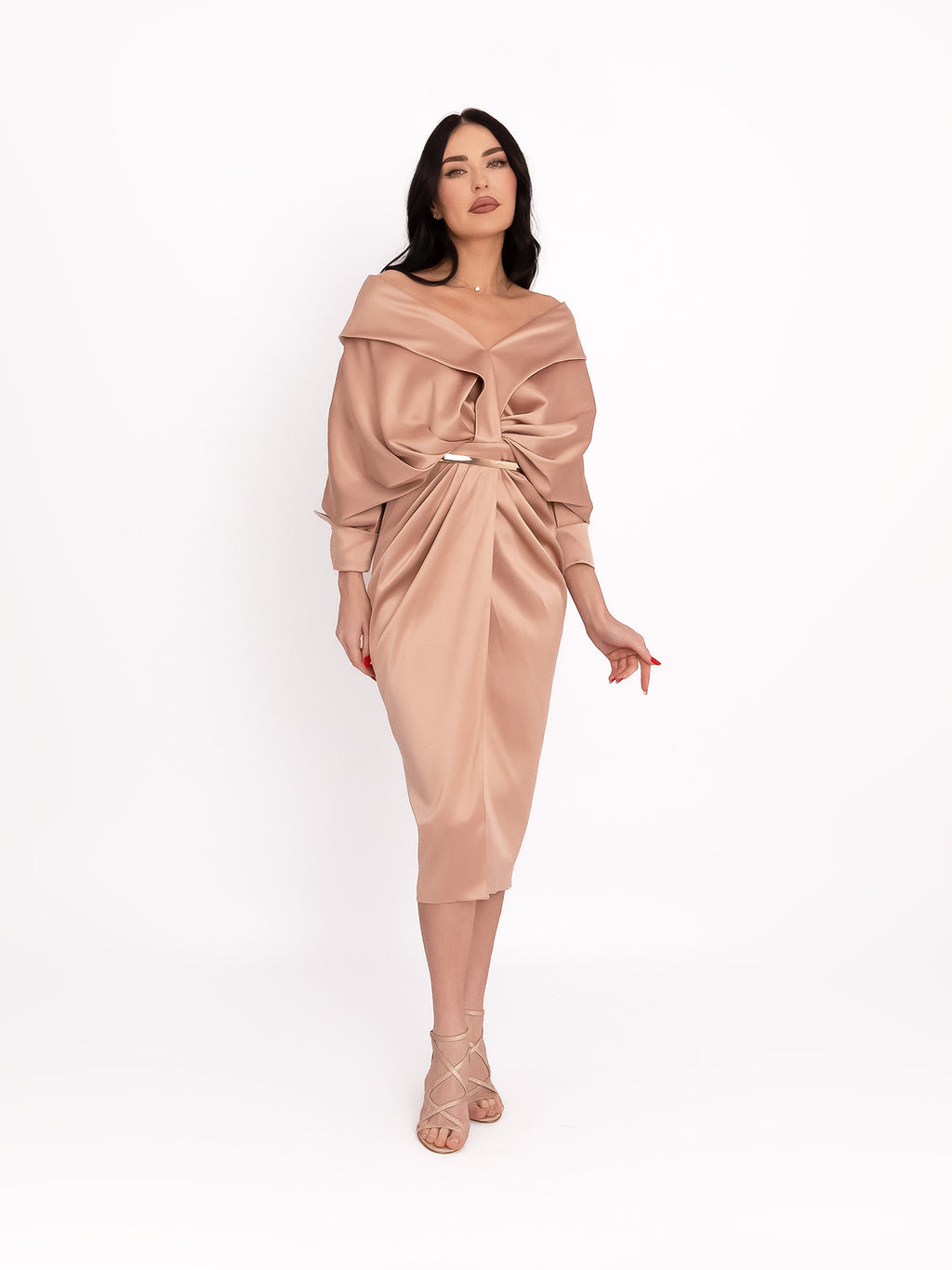 One-Shoulder Dress with Draped Design, Beige