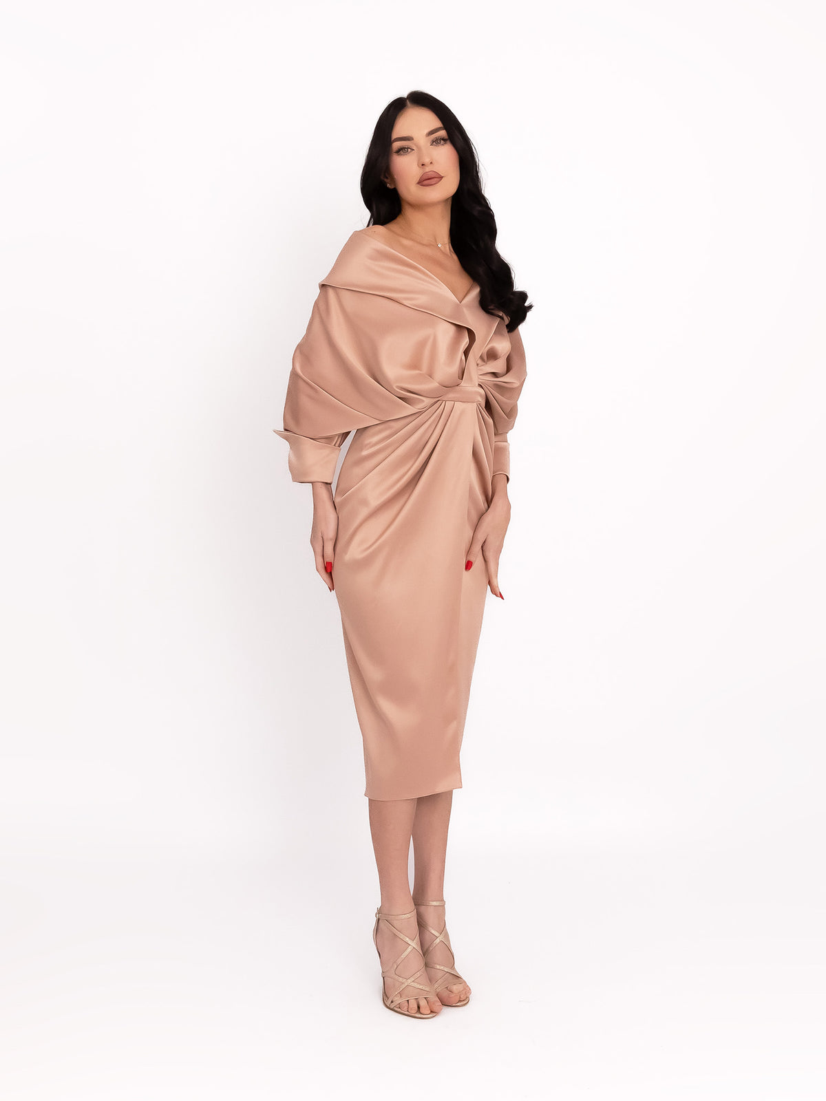One-Shoulder Dress with Draped Design, Beige 2
