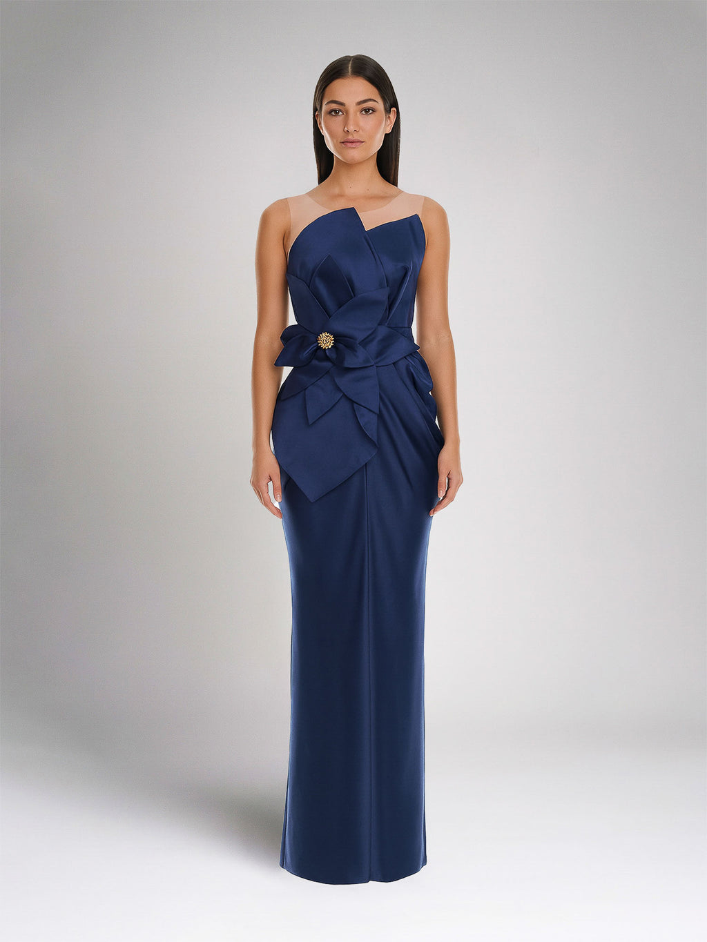 Satin-Finish Maxi Dress, Navy Blue