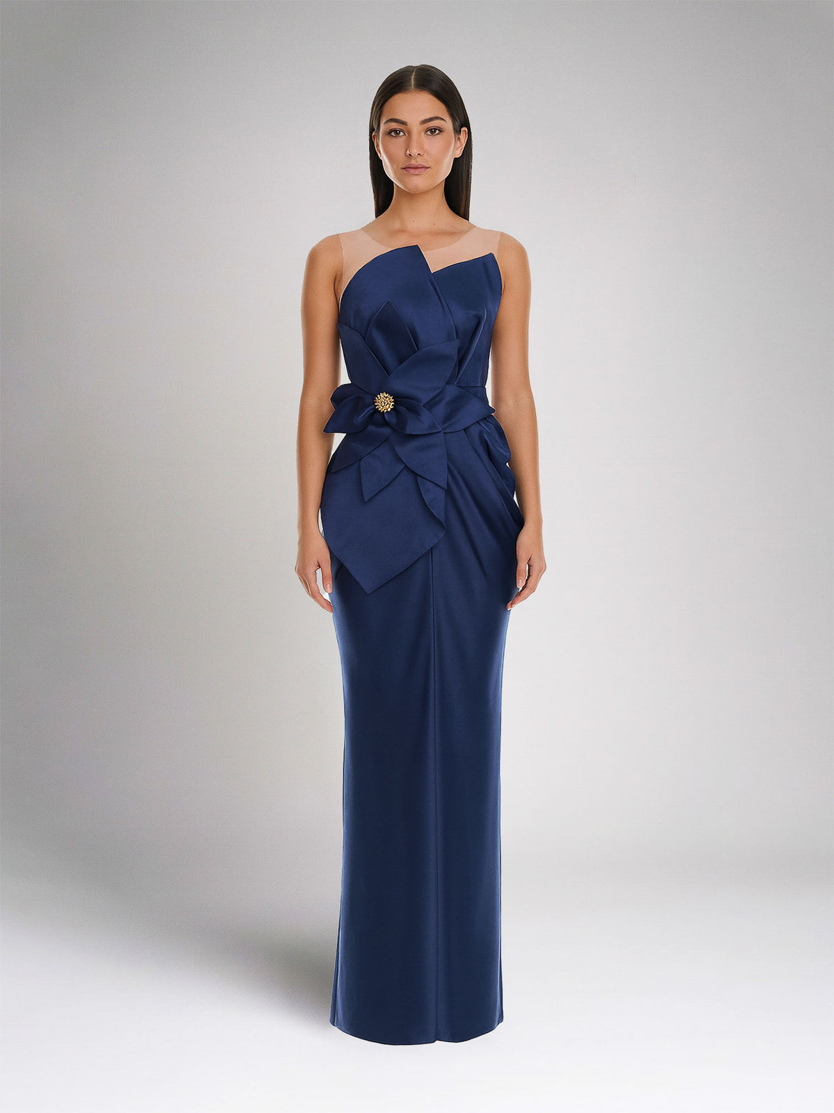 Satin-Finish Maxi Dress, Navy Blue