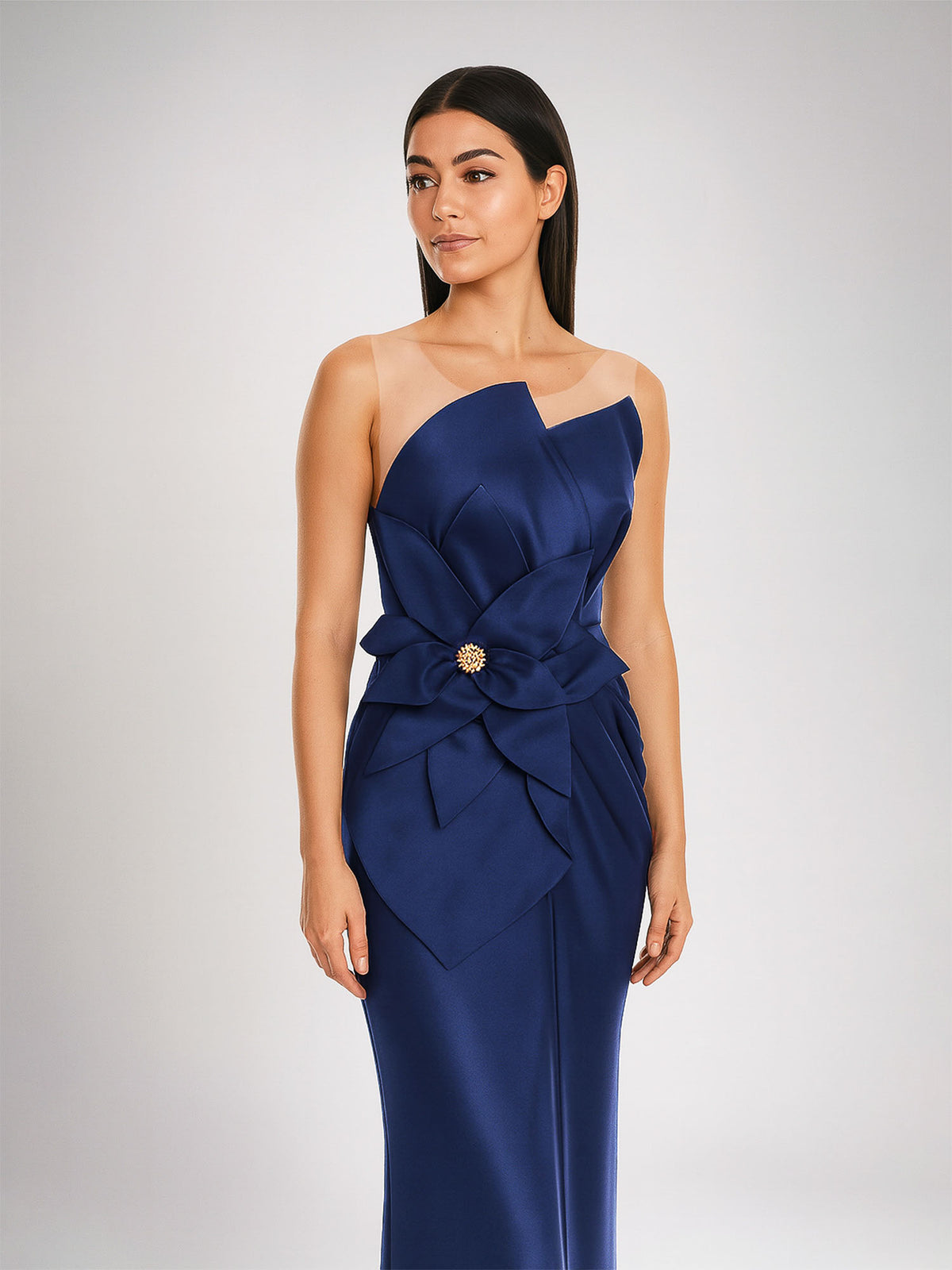 Satin-Finish Maxi Dress, Navy Blue 2