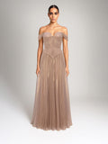 Maxi Dress with Off-the-Shoulder Neckline, Sand Brown