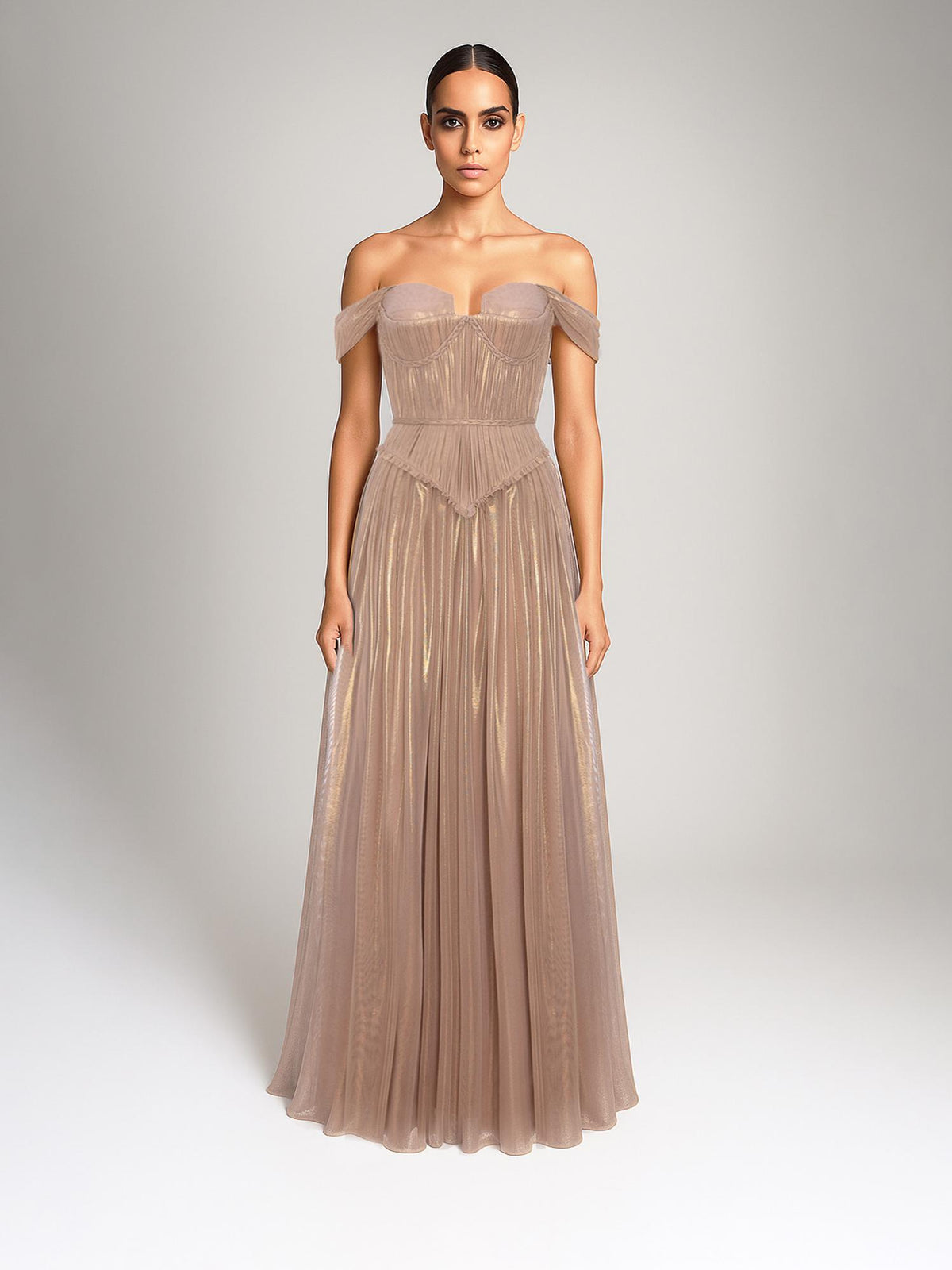 Maxi Dress with Off-the-Shoulder Neckline, Sand Brown