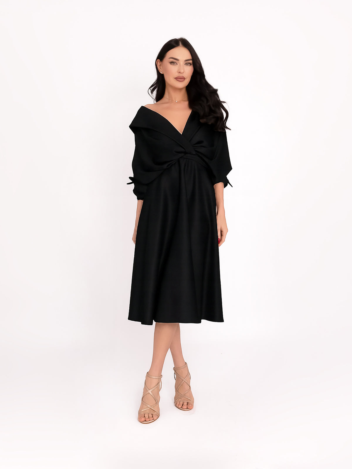 Flared Satin Midi Dress, Black