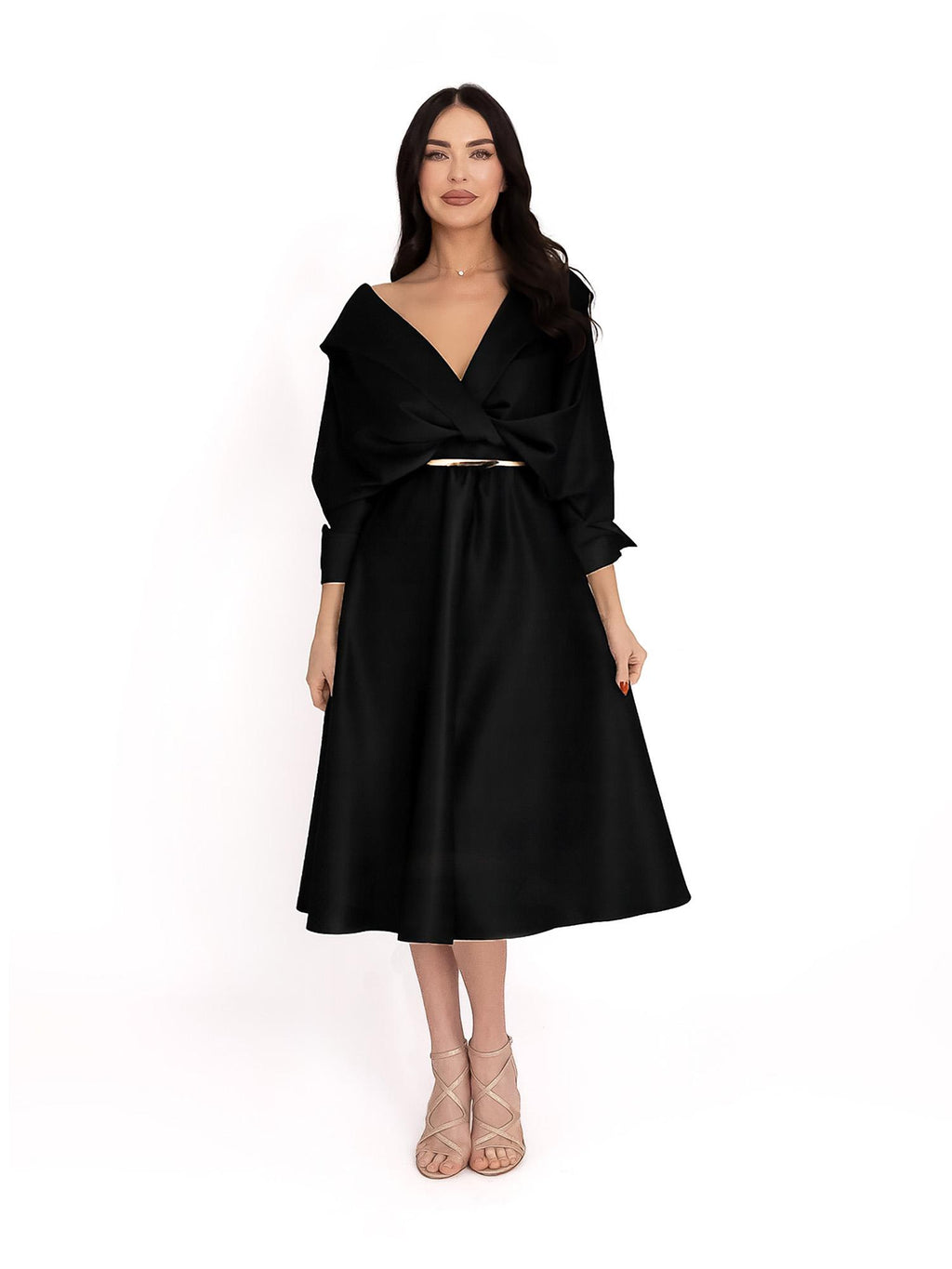 Flared Satin Midi Dress, Black 3