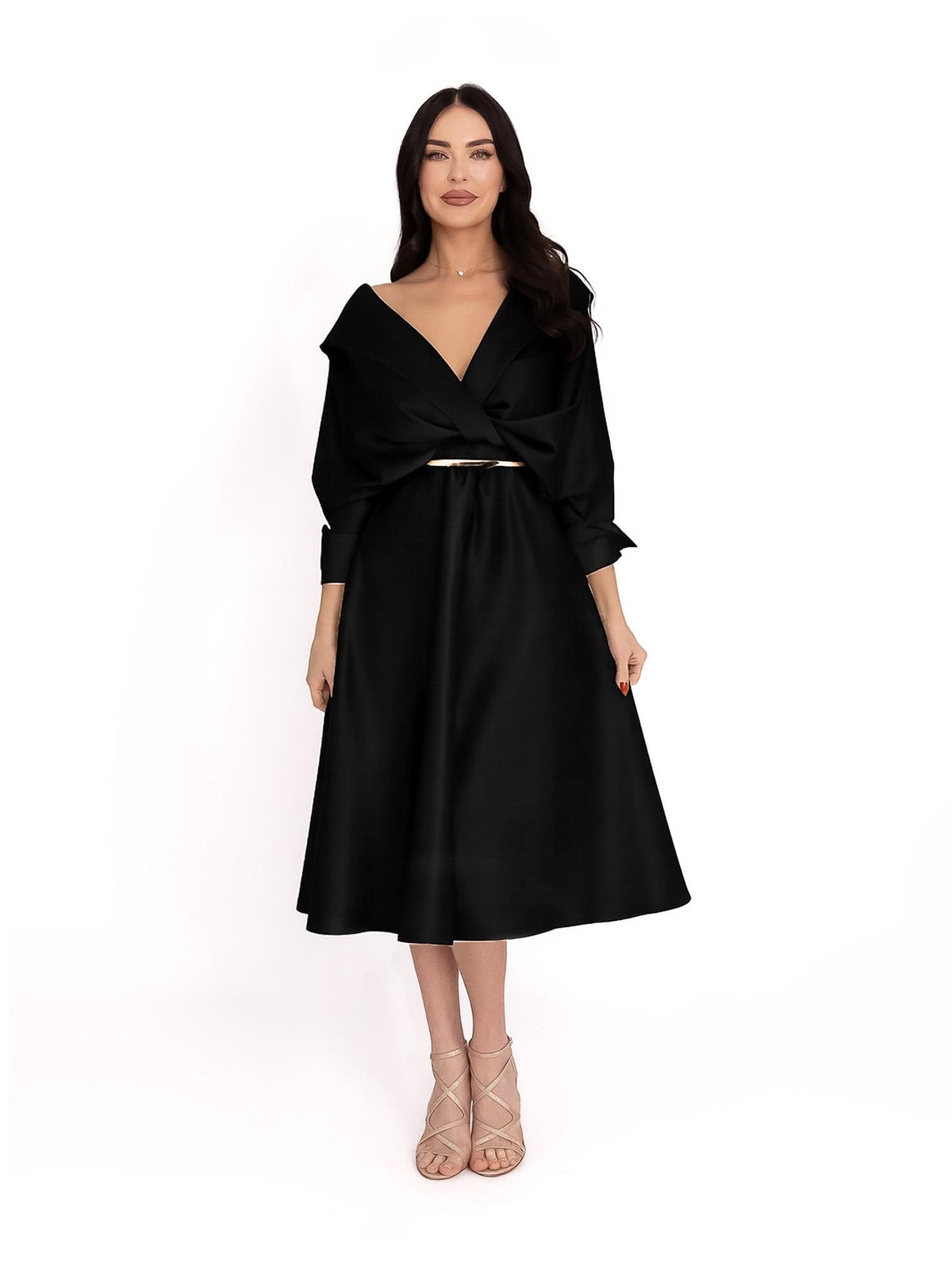 Flared Satin Midi Dress, Black 3