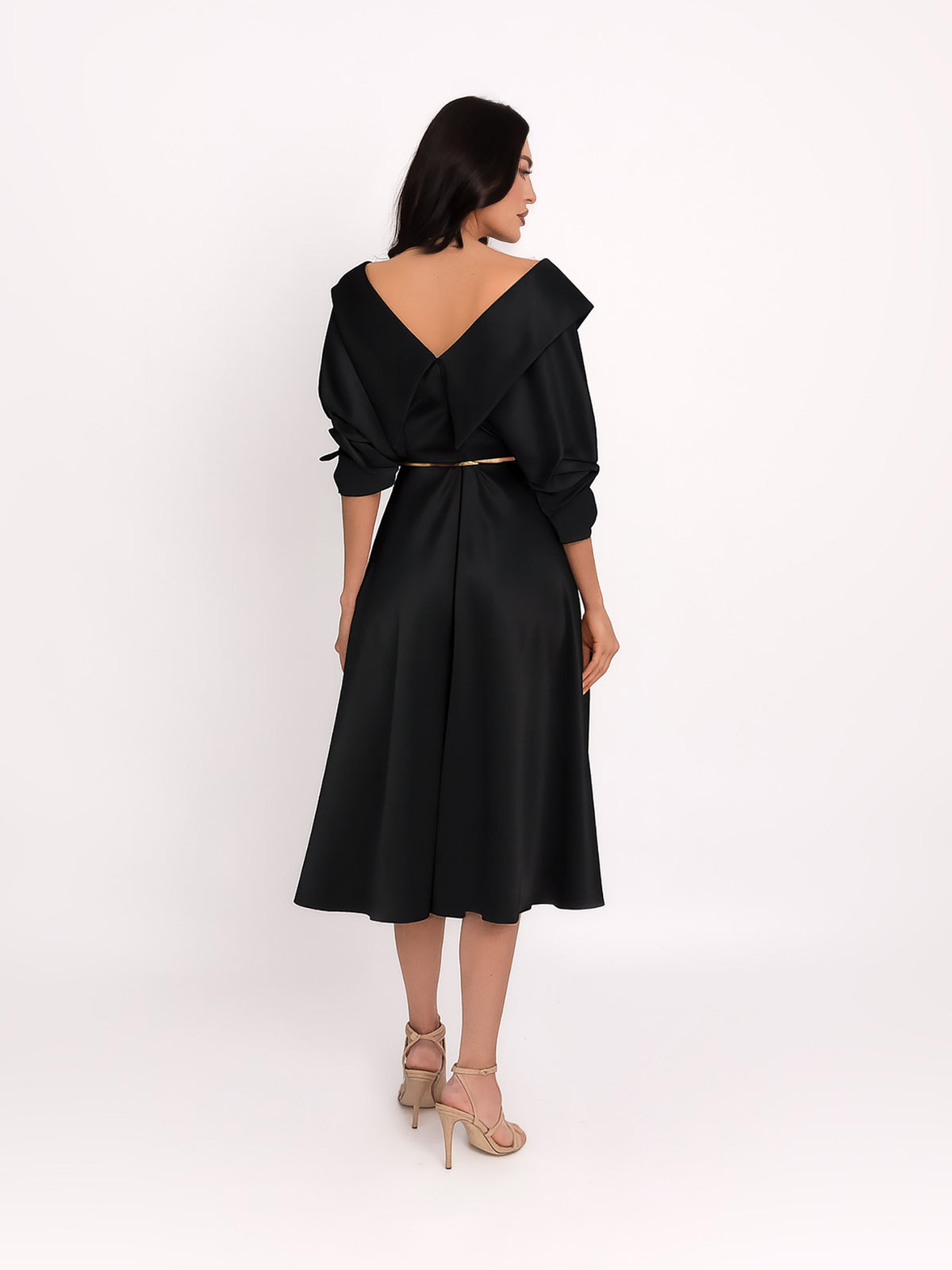 Flared Satin Midi Dress, Black 4