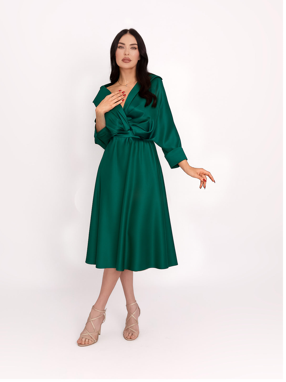 Flared Satin Midi Dress, Persian Green 3
