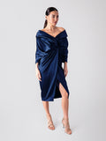 Draped Midi Dress with V-Neckline, Navy Blue