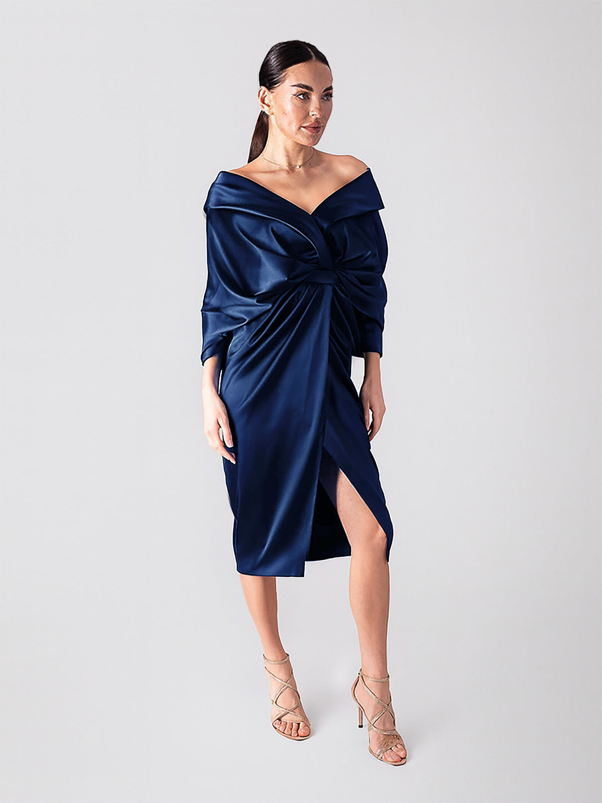 Draped Midi Dress with V-Neckline, Navy Blue