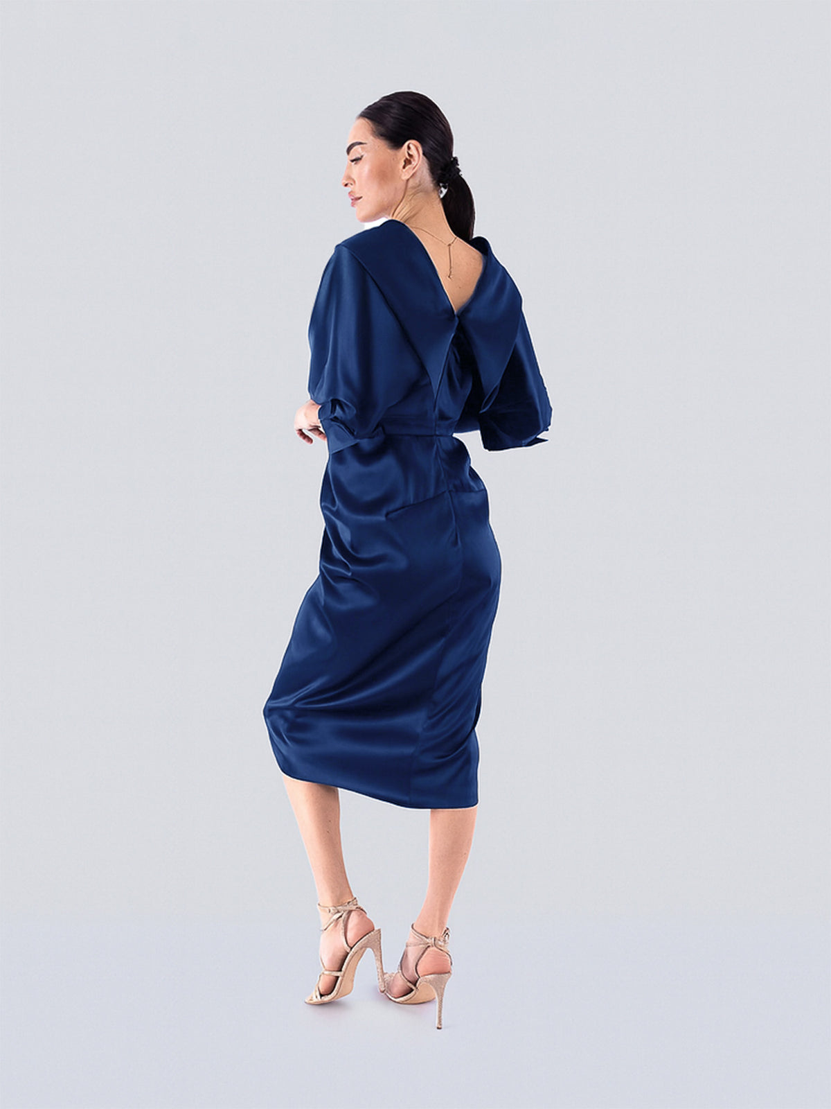 Draped Midi Dress with V-Neckline, Navy Blue 5