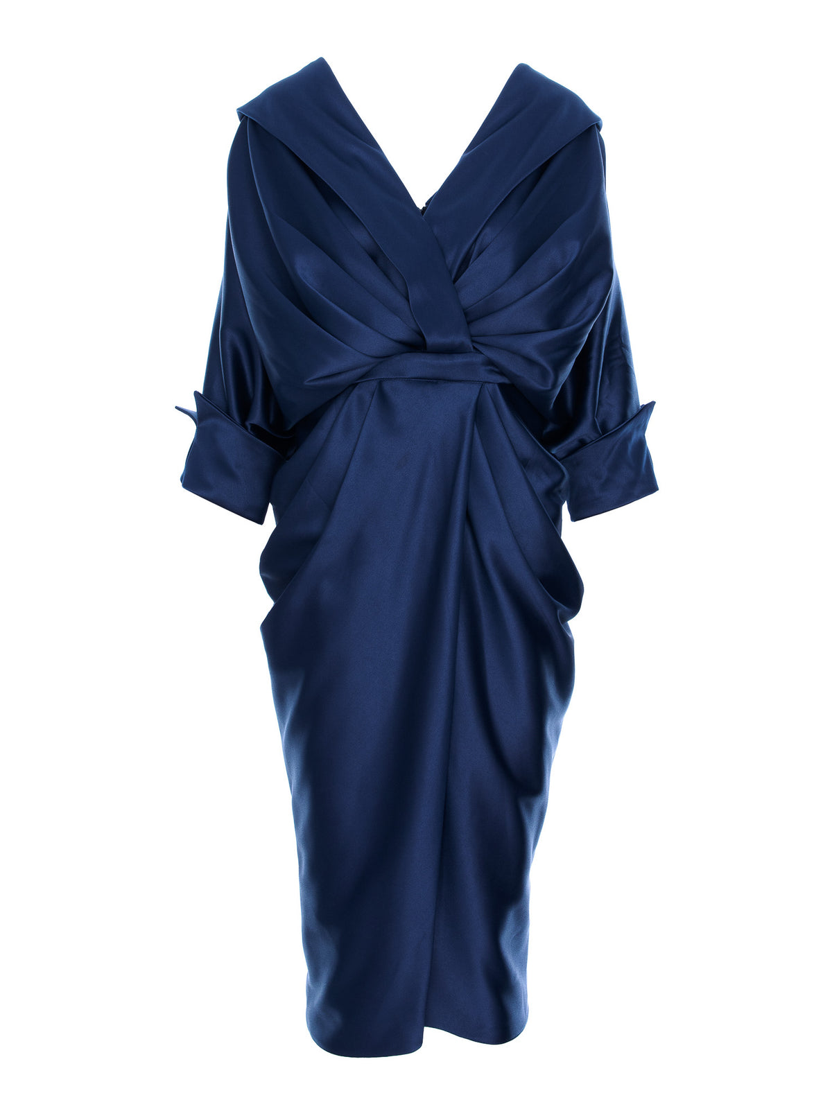 Draped Midi Dress with V-Neckline, Navy Blue 4