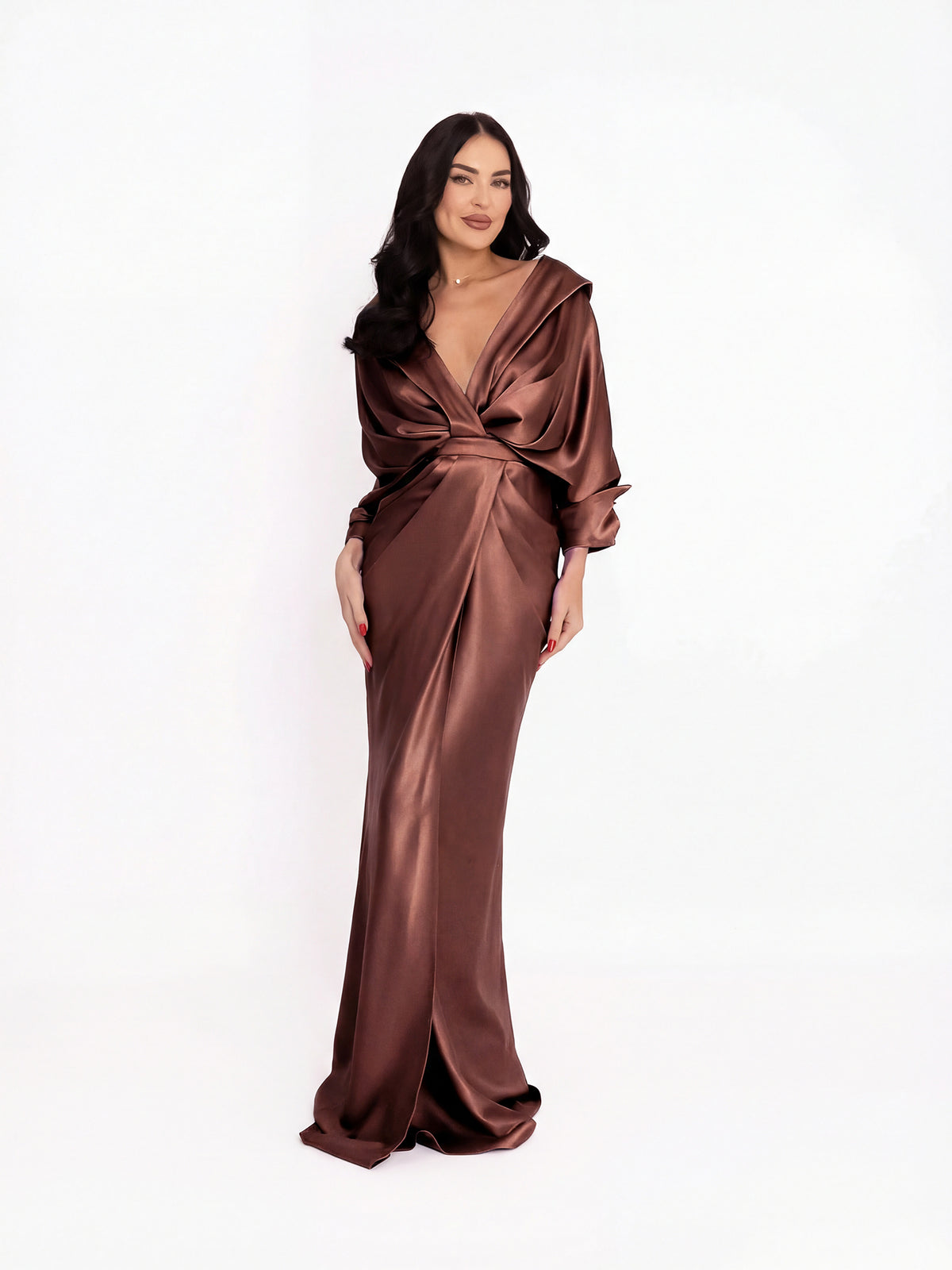 Satin Maxi Dress with Off-the-Shoulder Neckline, Dark Brown