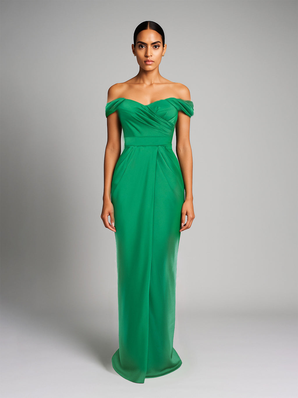Satin-Finish Maxi Dress with Off-the-Shoulder Neckline, Green
