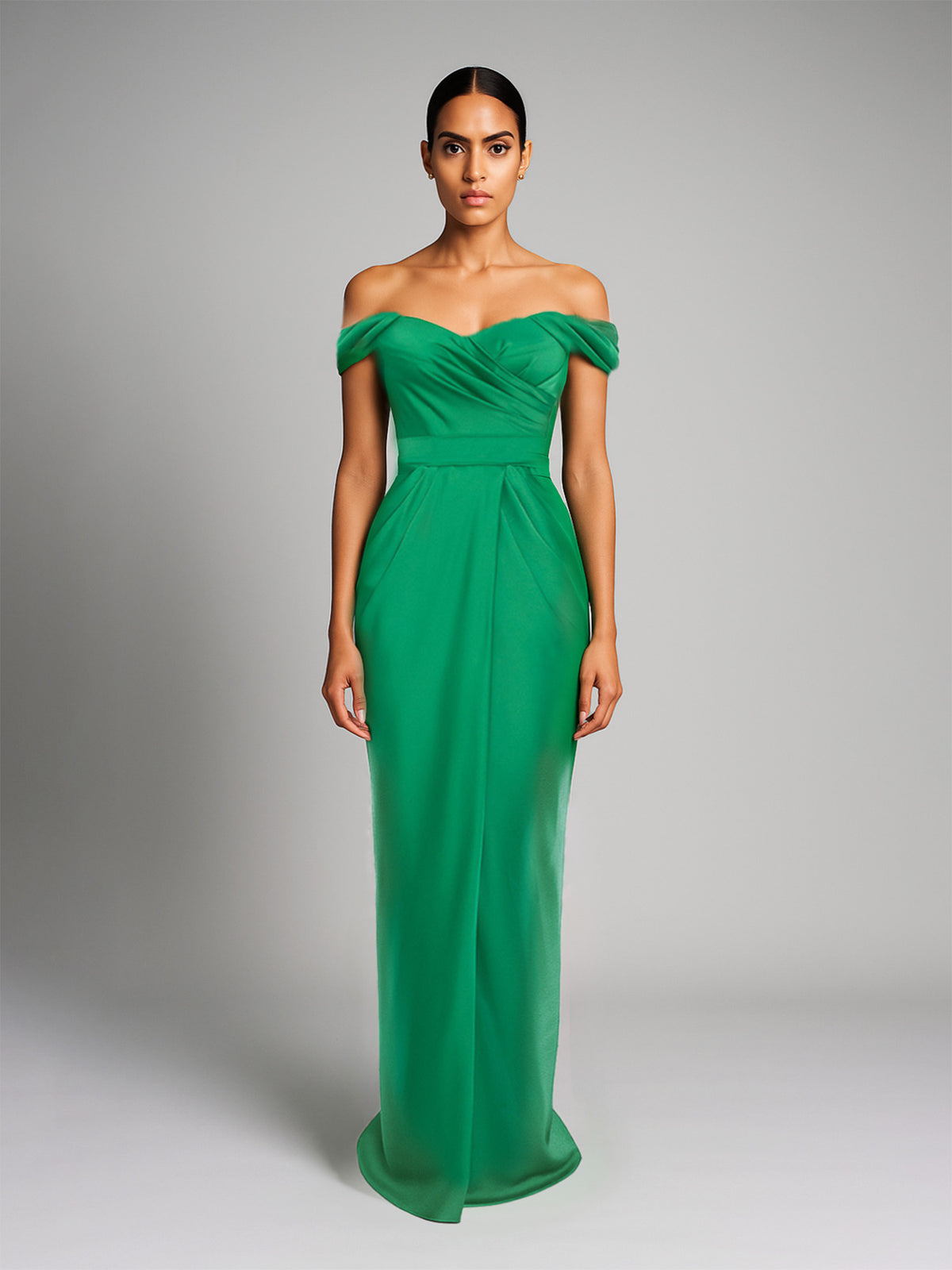 Satin-Finish Maxi Dress with Off-the-Shoulder Neckline, Green