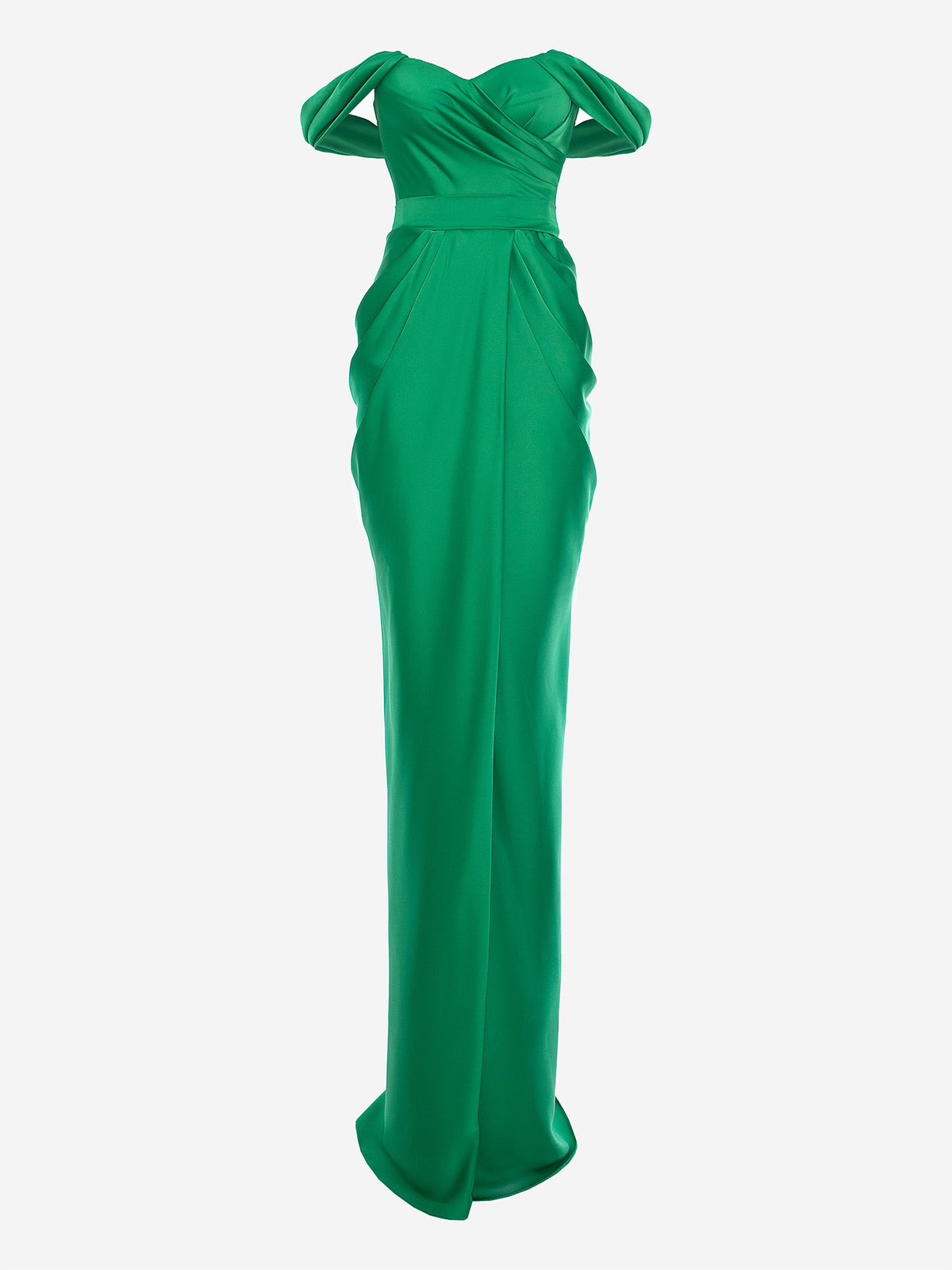 Satin-Finish Maxi Dress with Off-the-Shoulder Neckline, Green 2