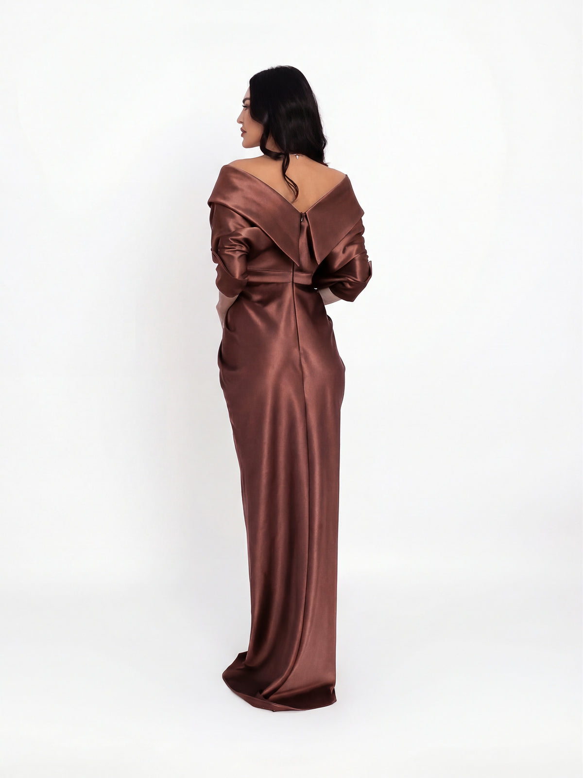 Satin Maxi Dress with Off-the-Shoulder Neckline, Dark Brown 3