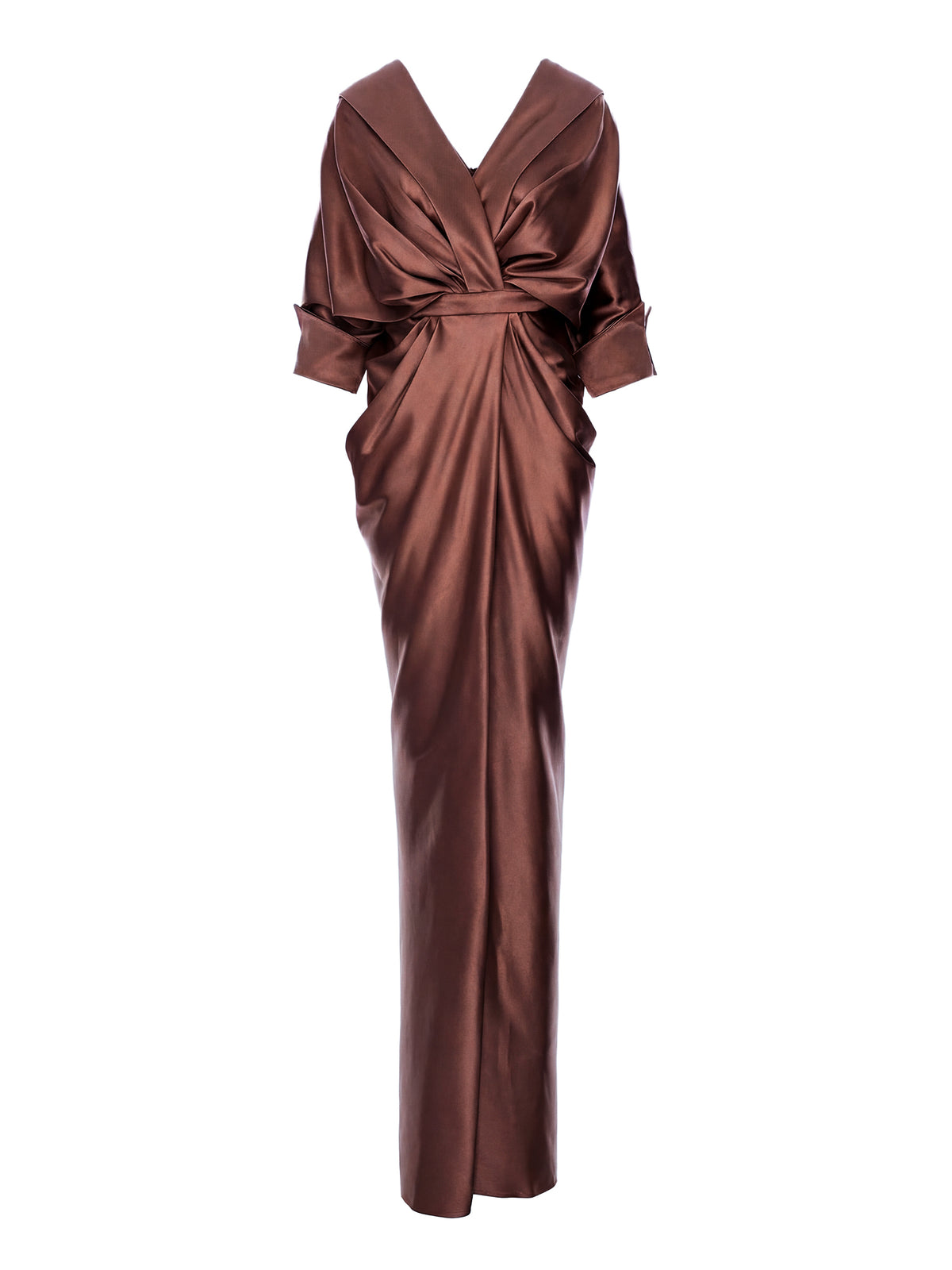 Satin Maxi Dress with Off-the-Shoulder Neckline, Dark Brown 2