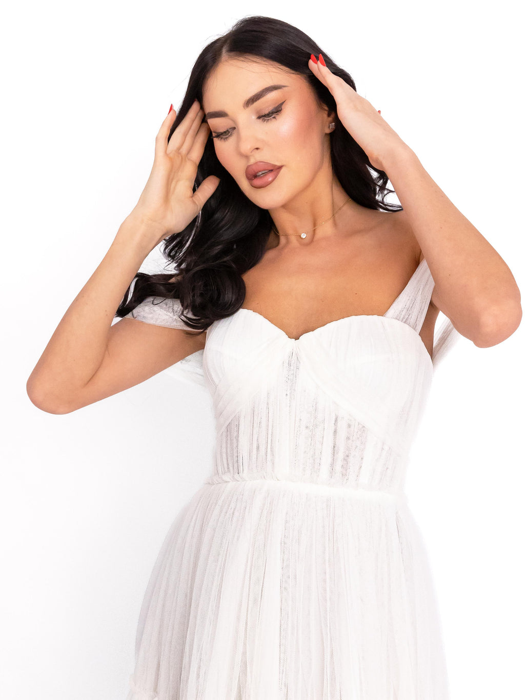 Tulle Dress with Off-the-Shoulder Neckline, Optic White 3