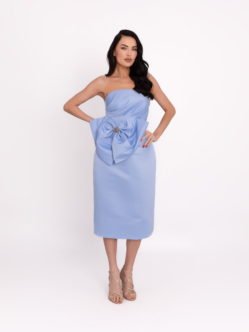 Satin Dress with Oversized Bow Appliqué, Light Blue