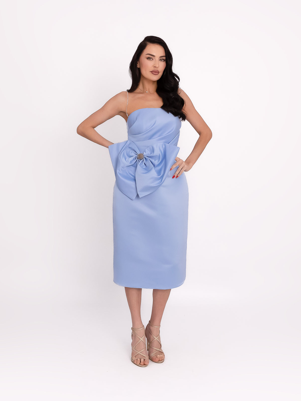 Satin Dress with Oversized Bow Appliqué, Light Blue