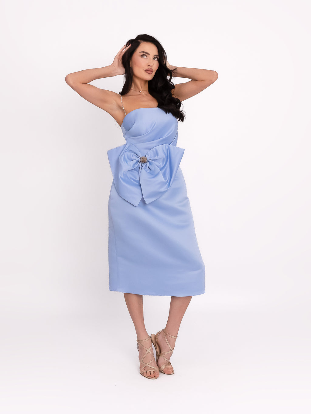 Satin Dress with Oversized Bow Appliqué, Light Blue 4