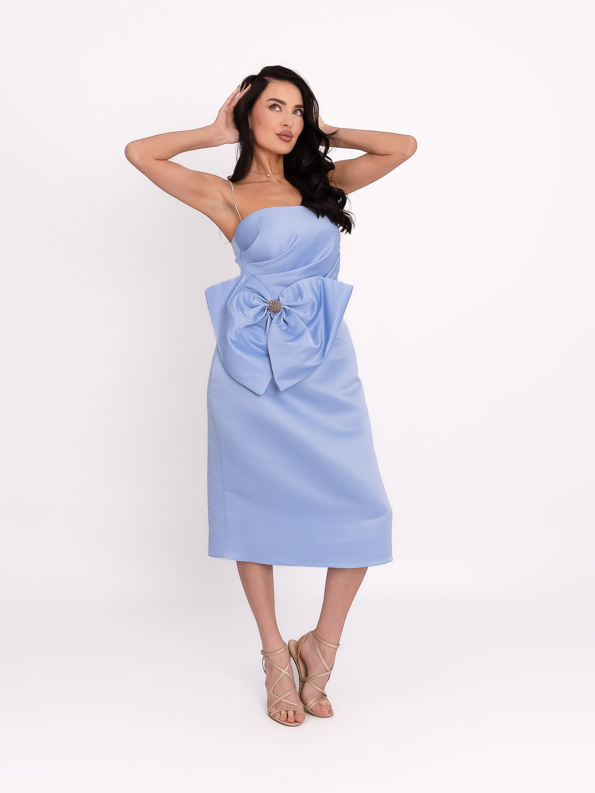 Satin Dress with Oversized Bow Appliqué, Light Blue 4