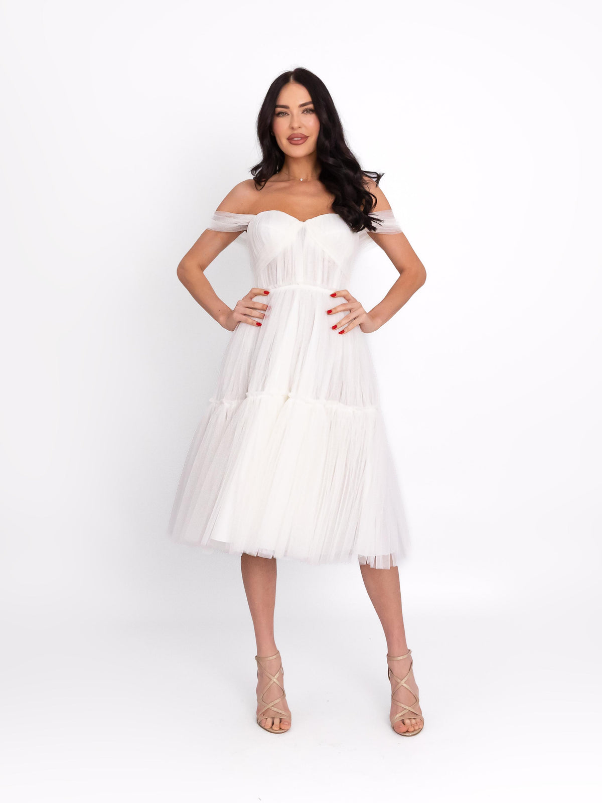 Tulle Dress with Off-the-Shoulder Neckline, Optic White