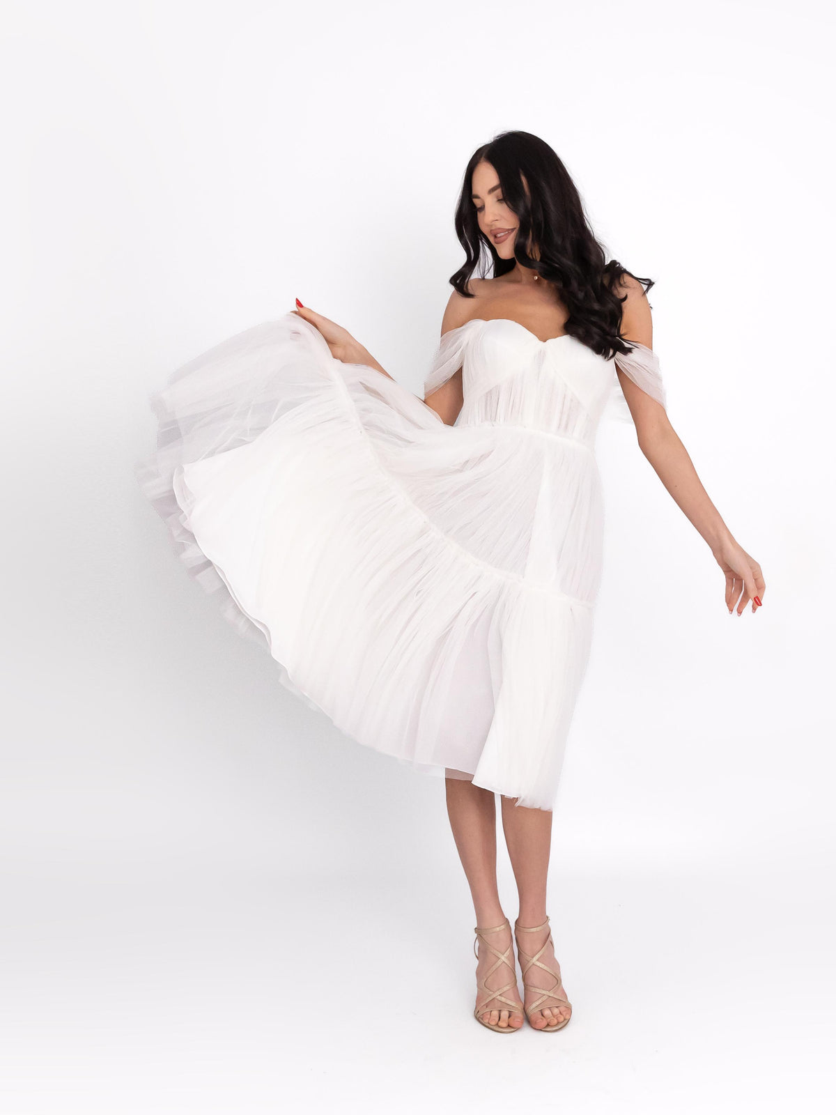 Tulle Dress with Off-the-Shoulder Neckline, Optic White 2