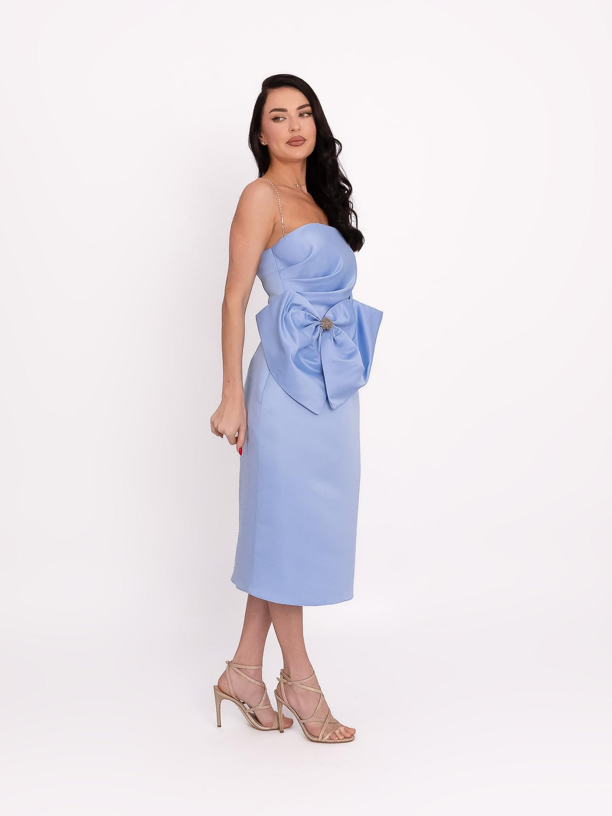 Satin Dress with Oversized Bow Appliqué, Light Blue 2