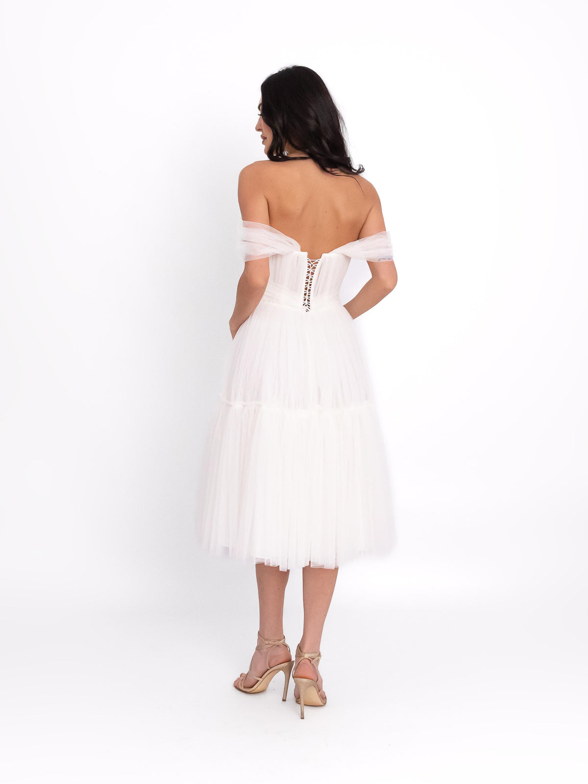Tulle Dress with Off-the-Shoulder Neckline, Optic White 5
