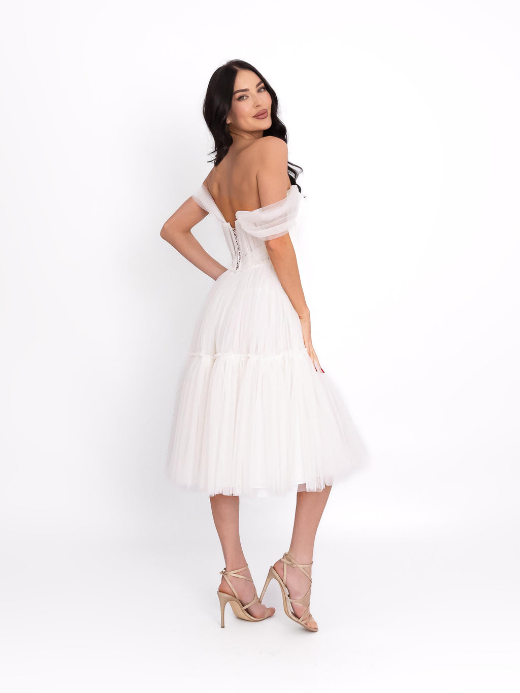 Tulle Dress with Off-the-Shoulder Neckline, Optic White 6