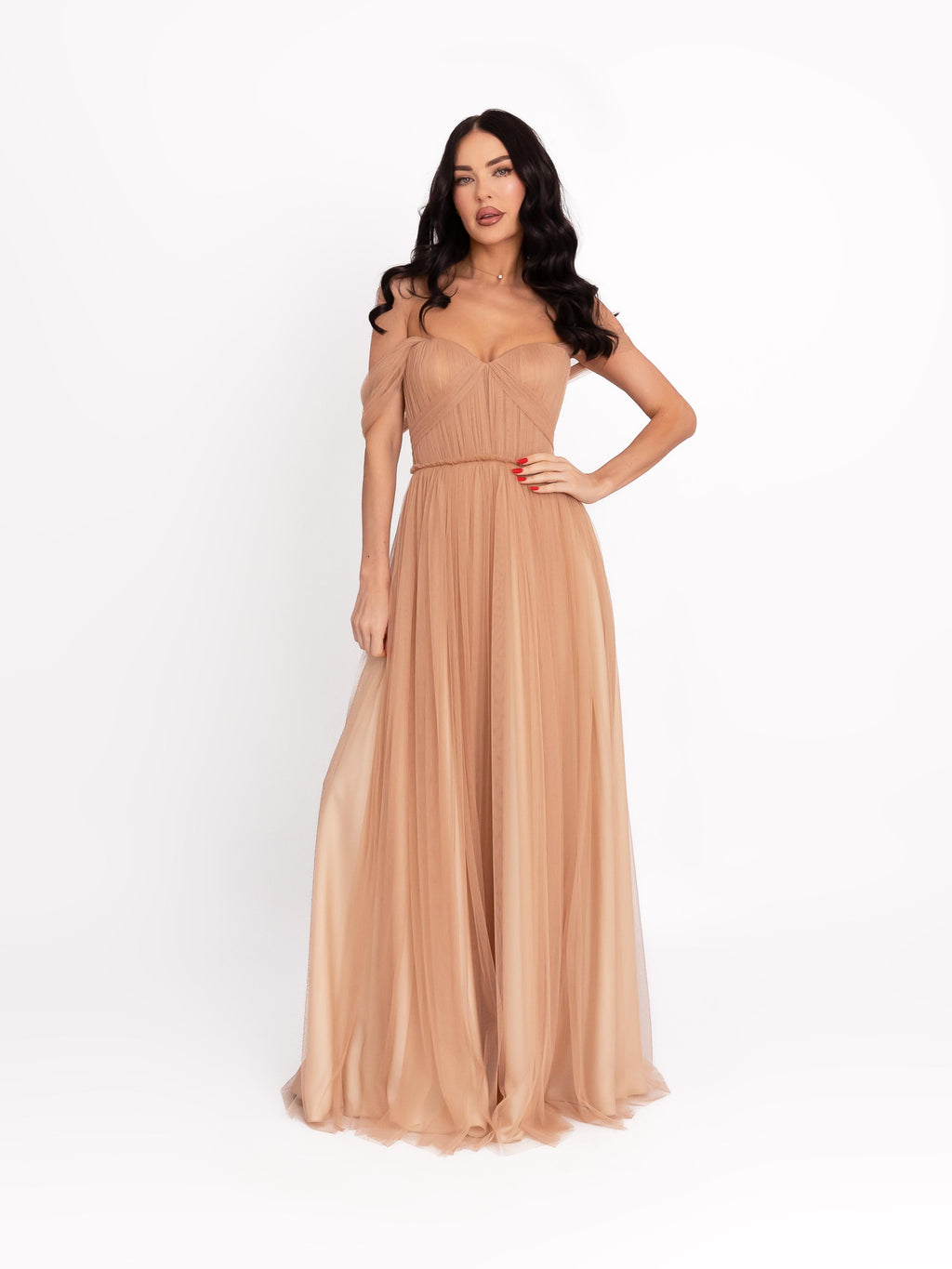 Maxi Dress with Off-the-Shoulder Neckline, Salmon Pink