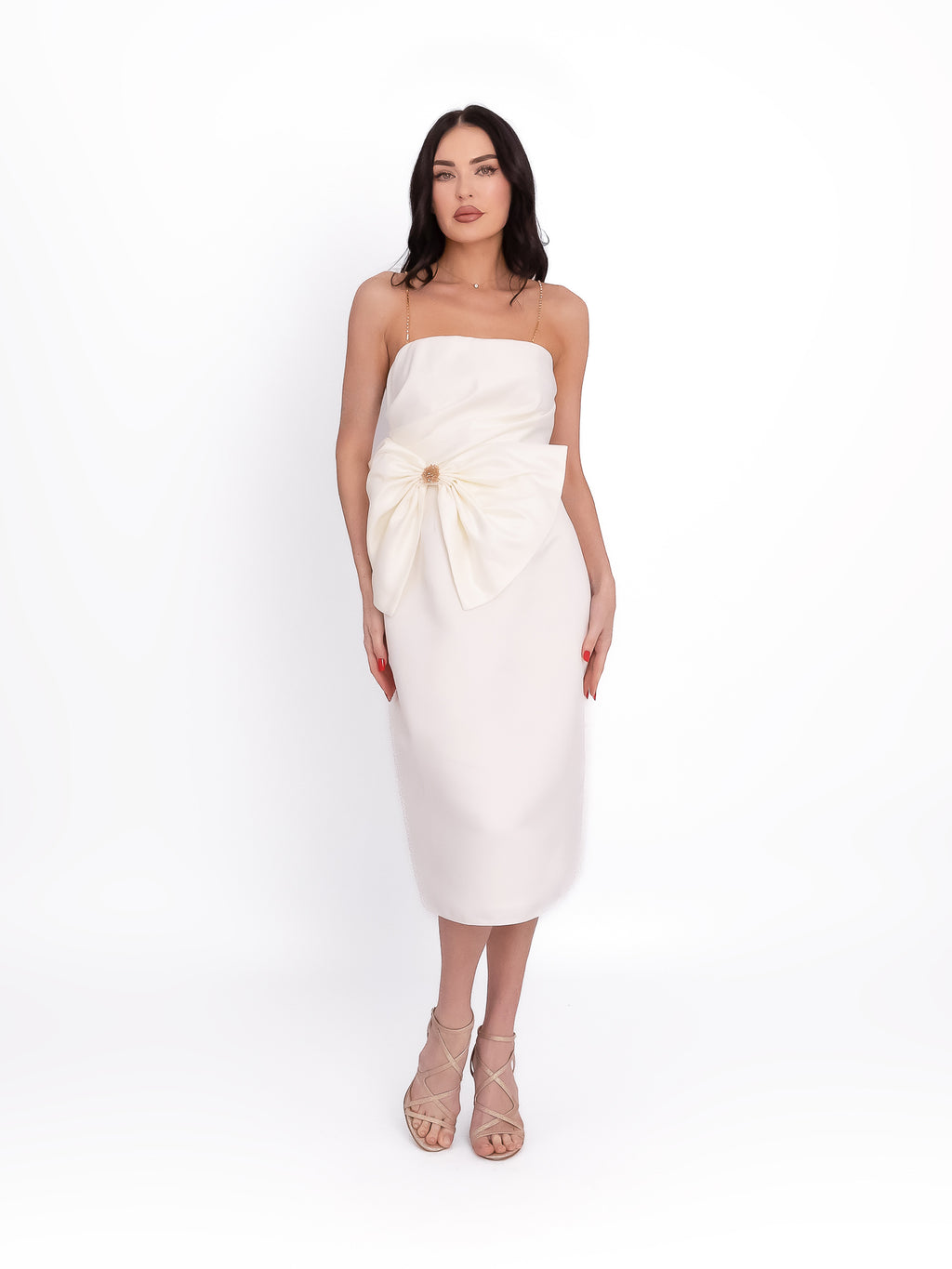 Long Satin-Finish Dress with Floral Appliqué, White