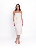Long Satin-Finish Dress with Floral Appliqué, White