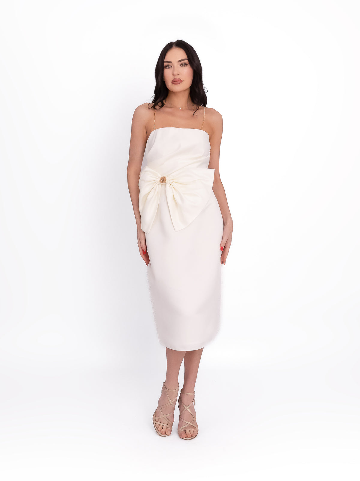 Long Satin-Finish Dress with Floral Appliqué, White