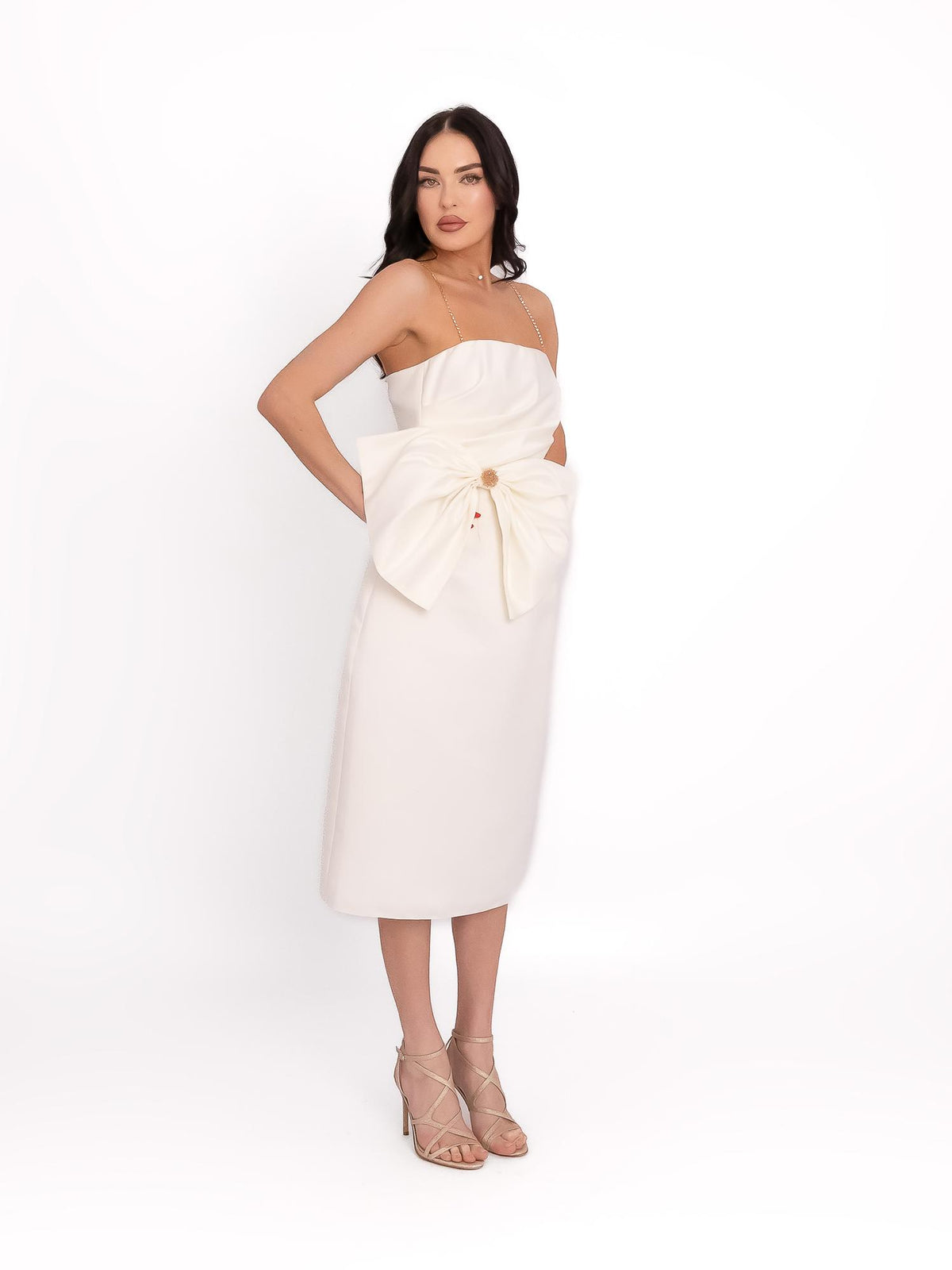 Long Satin-Finish Dress with Floral Appliqué, White 4