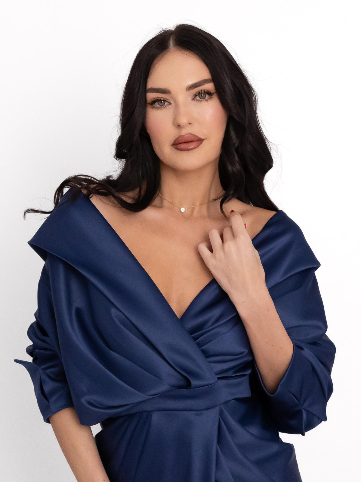 Draped Midi Dress with V-Neckline, Navy Blue 2