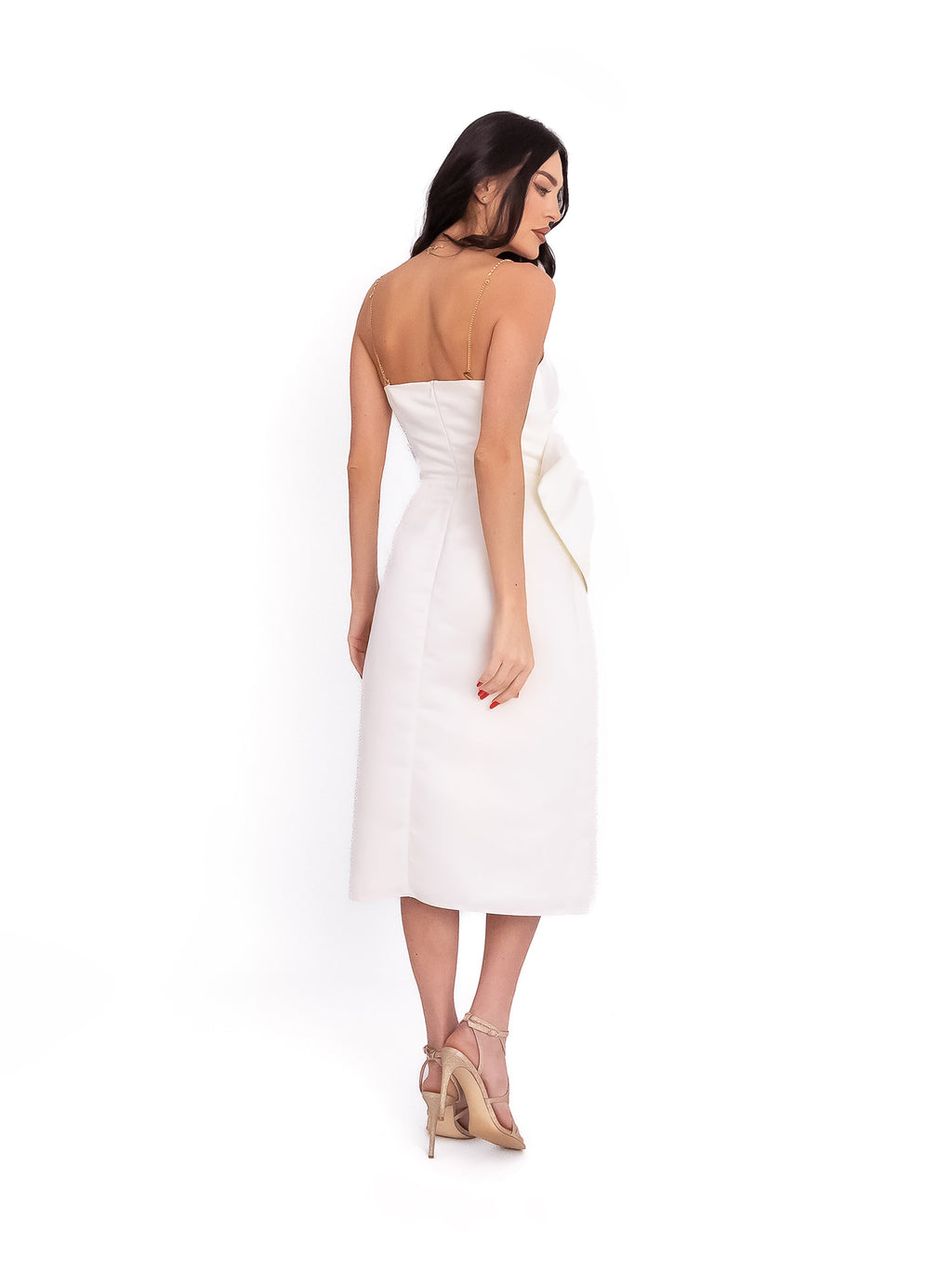 Long Satin-Finish Dress with Floral Appliqué, White 5