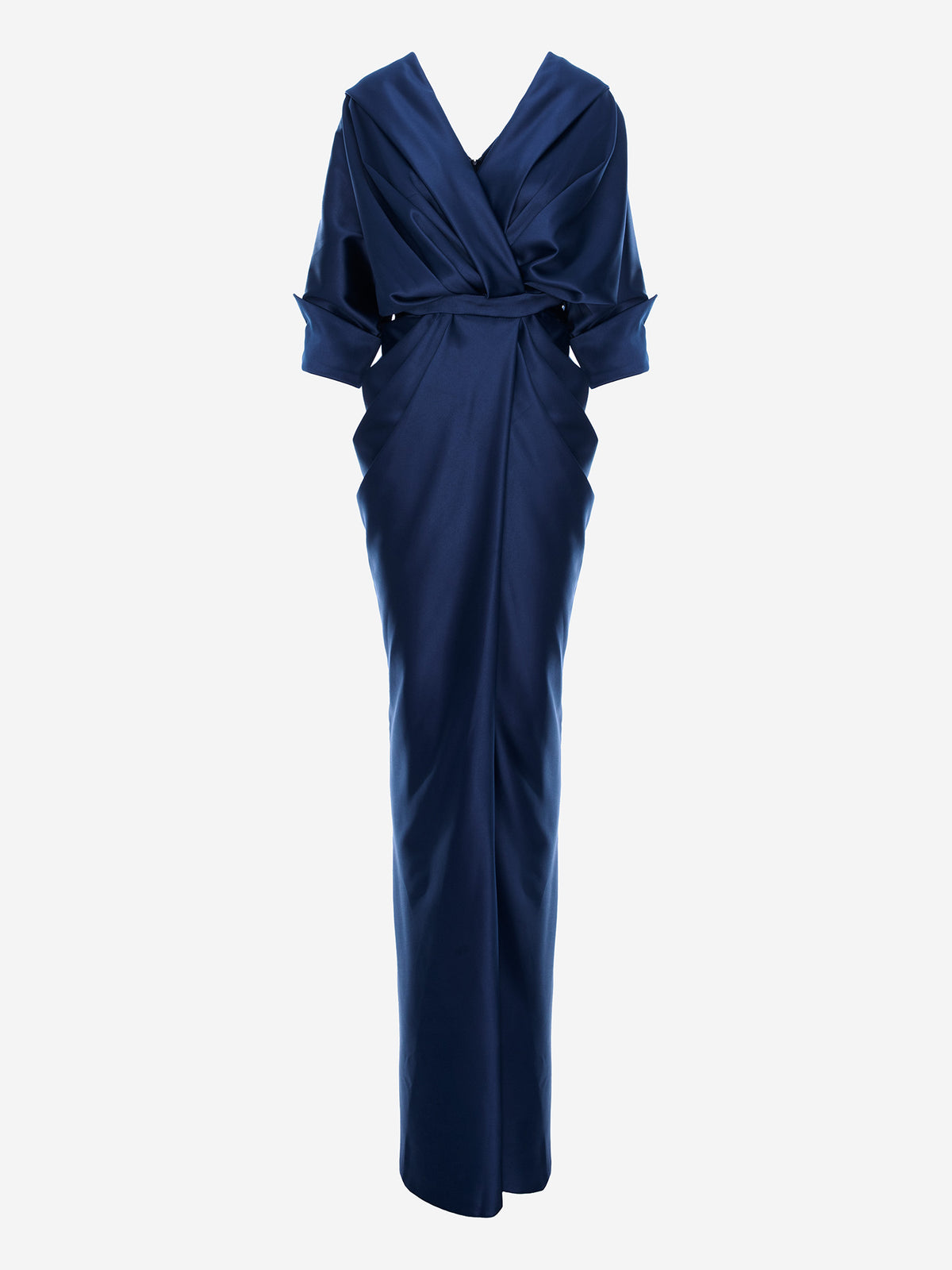 Draped Long Dress with V-Neckline, Navy Blue 4