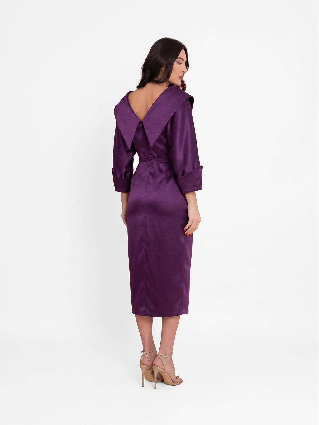 Draped Satin Dress, Aubergine Purple 2