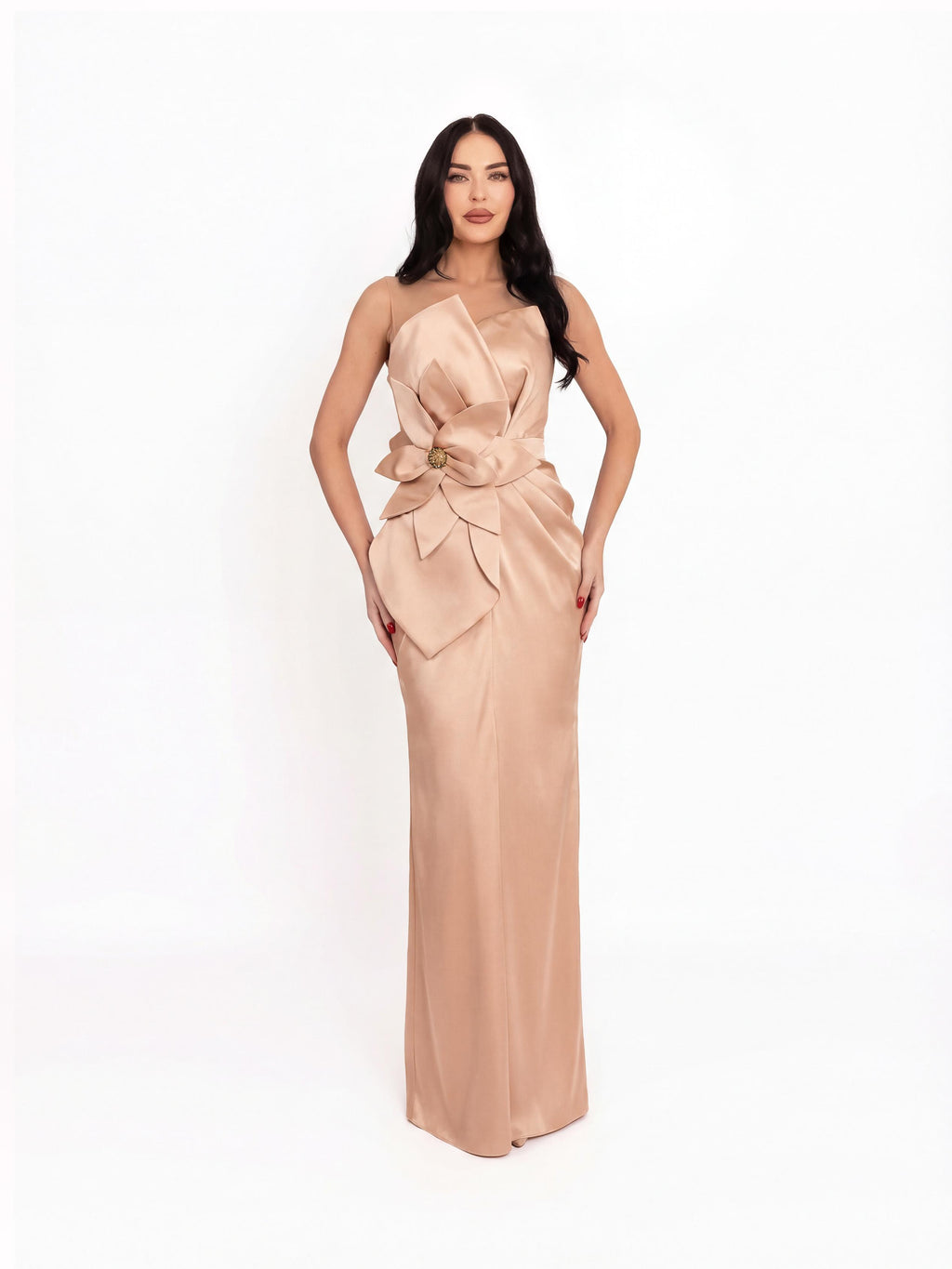 Satin-Finish Maxi Dress, Nude