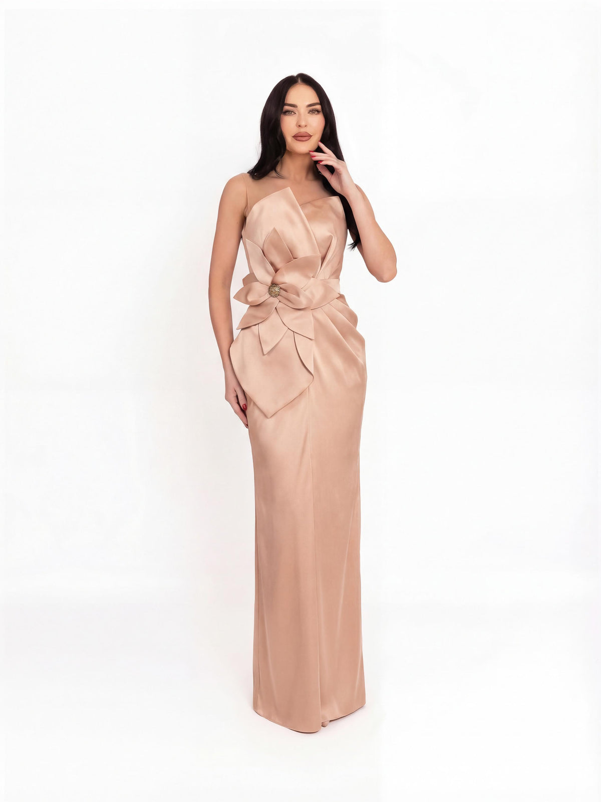 Satin-Finish Maxi Dress, Nude 2