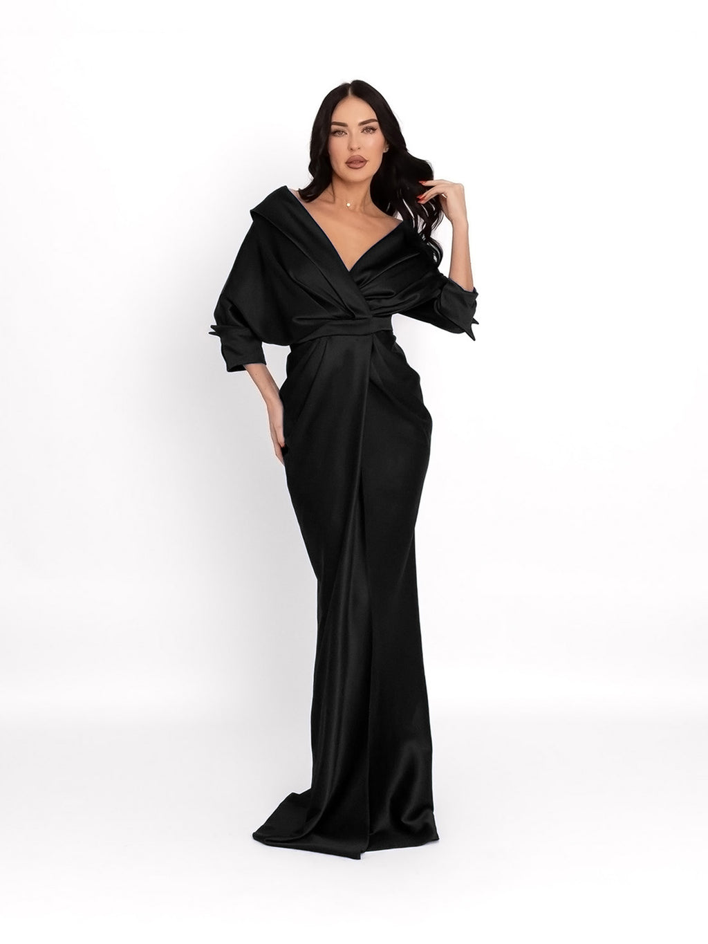 Maxi Dress with V-Neckline, Black