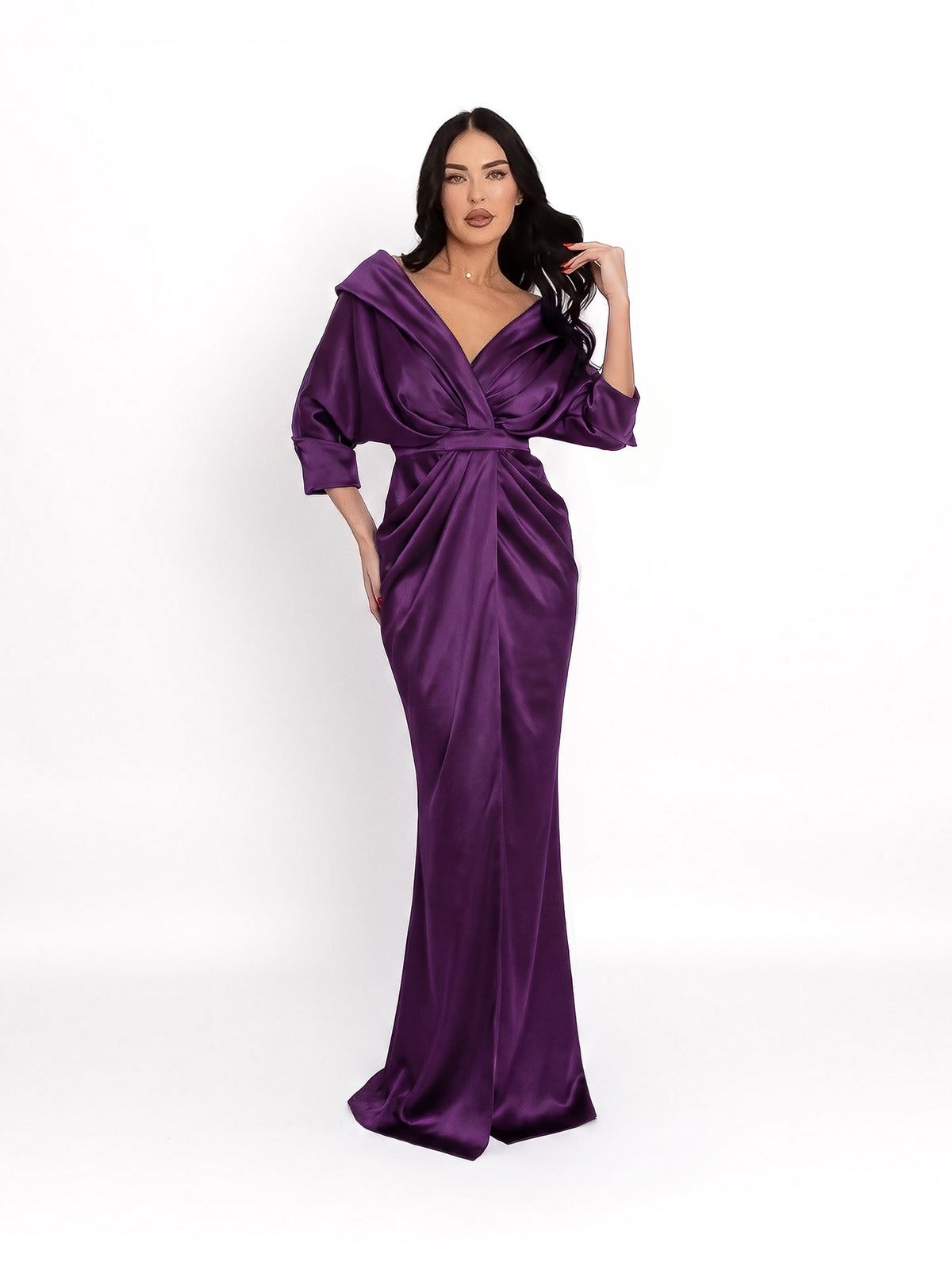 Satin Maxi Dress with Off-the-Shoulder Neckline, Aubergine Purple
