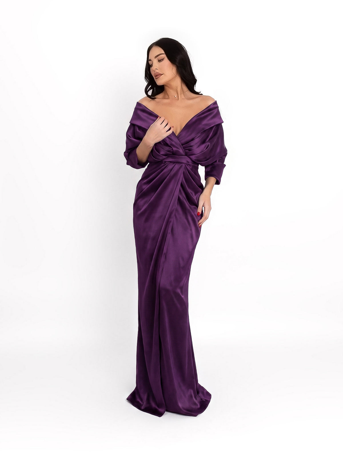 Satin Maxi Dress with Off-the-Shoulder Neckline, Aubergine Purple 2